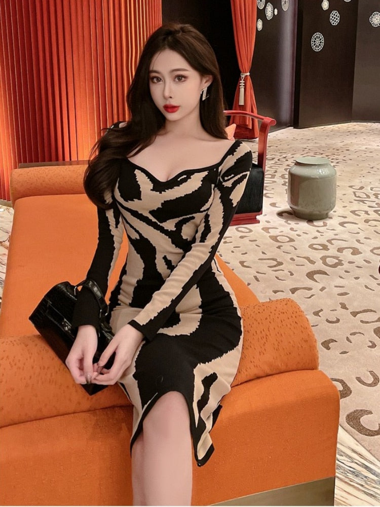 Abstract Colorful Tiger Print Knit Dress Sexy&nbsp; Stripe High Stretch Sweater Pencil sheath