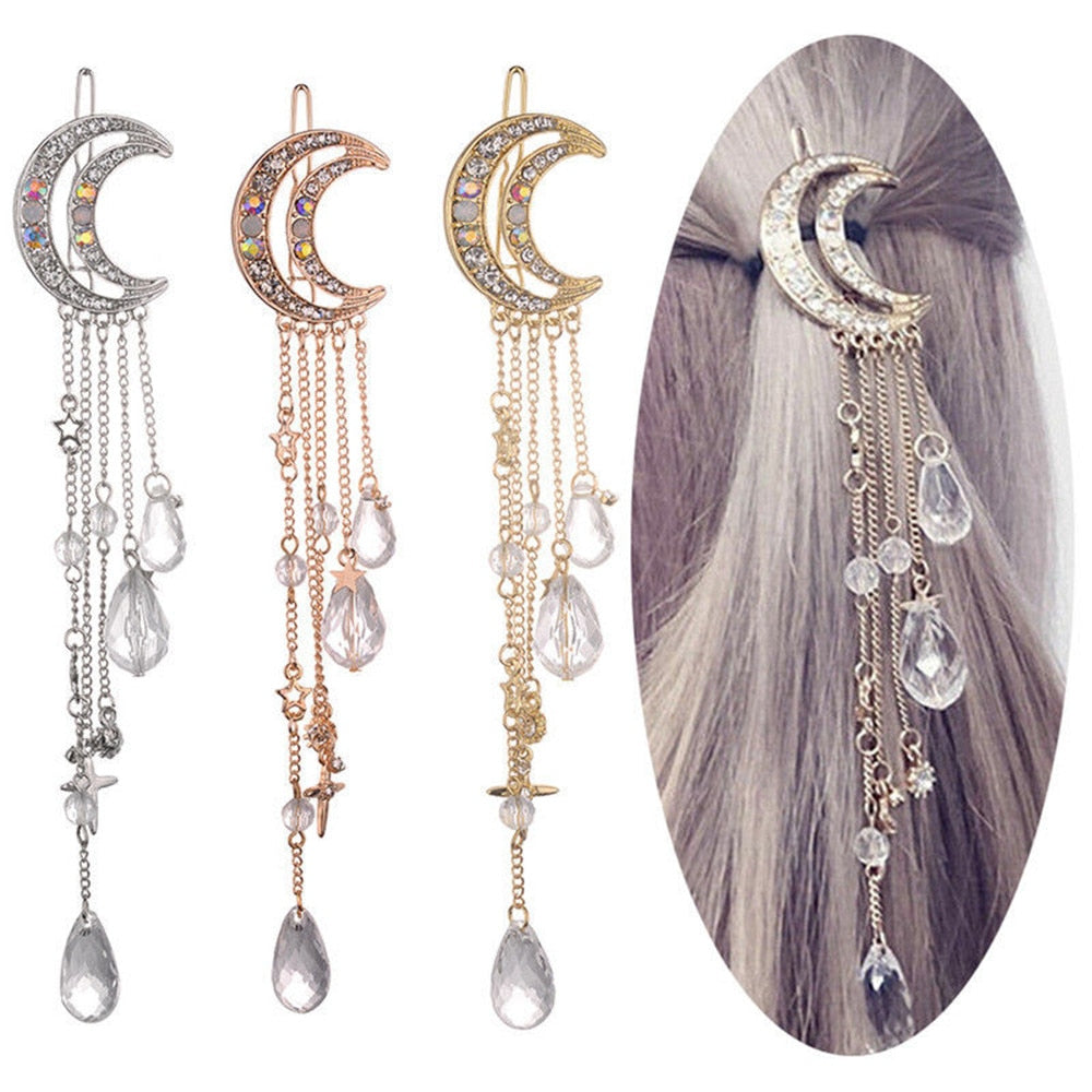 Elegant Moon Rhinestone Crystal Tassel Long Chain Beads Dangle Hairpin Hair Clip