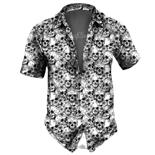 Retro Skull Lapel Horror Casual Button Hawaiian Shirt Short Sleeves