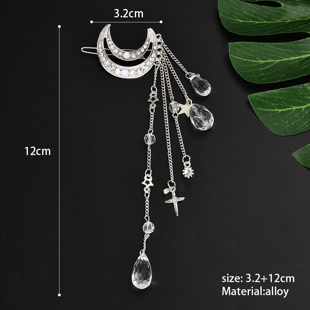 Elegant Moon Rhinestone Crystal Tassel Long Chain Beads Dangle Hairpin Hair Clip