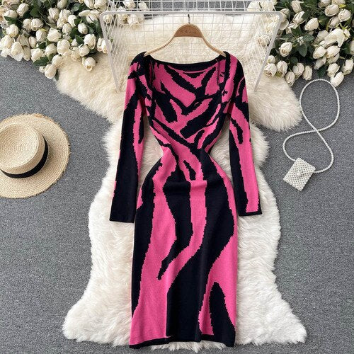 Abstract Colorful Tiger Print Knit Dress Sexy&nbsp; Stripe High Stretch Sweater Pencil sheath