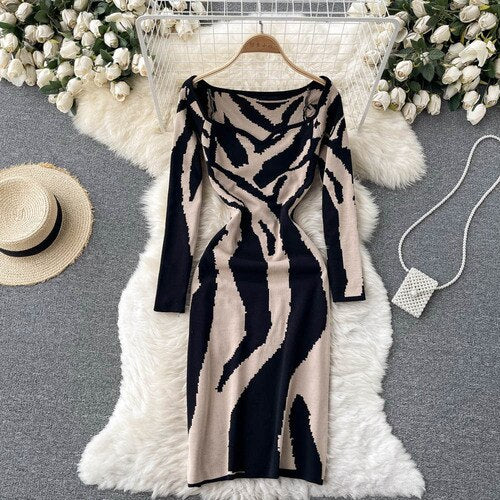 Abstract Colorful Tiger Print Knit Dress Sexy&nbsp; Stripe High Stretch Sweater Pencil sheath