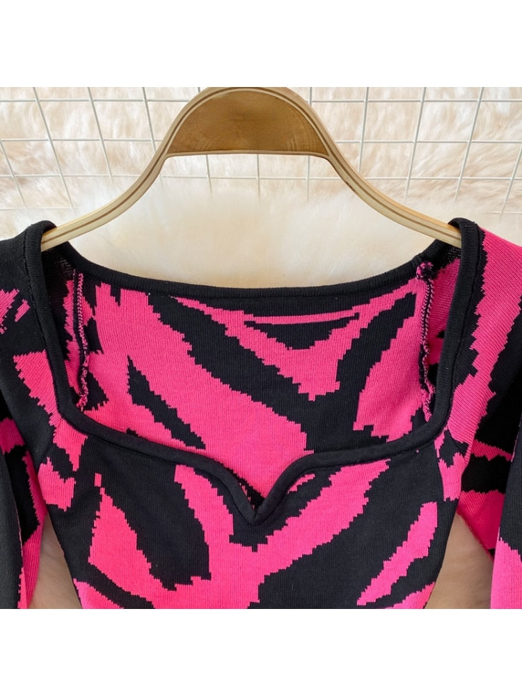 Abstract Colorful Tiger Print Knit Dress Sexy&nbsp; Stripe High Stretch Sweater Pencil sheath