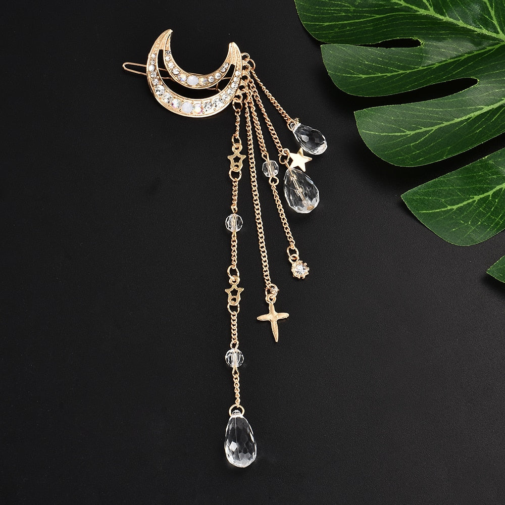 Elegant Moon Rhinestone Crystal Tassel Long Chain Beads Dangle Hairpin Hair Clip