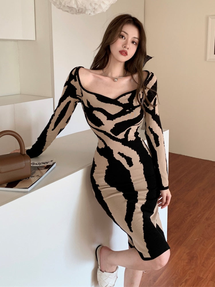 Abstract Colorful Tiger Print Knit Dress Sexy&nbsp; Stripe High Stretch Sweater Pencil sheath